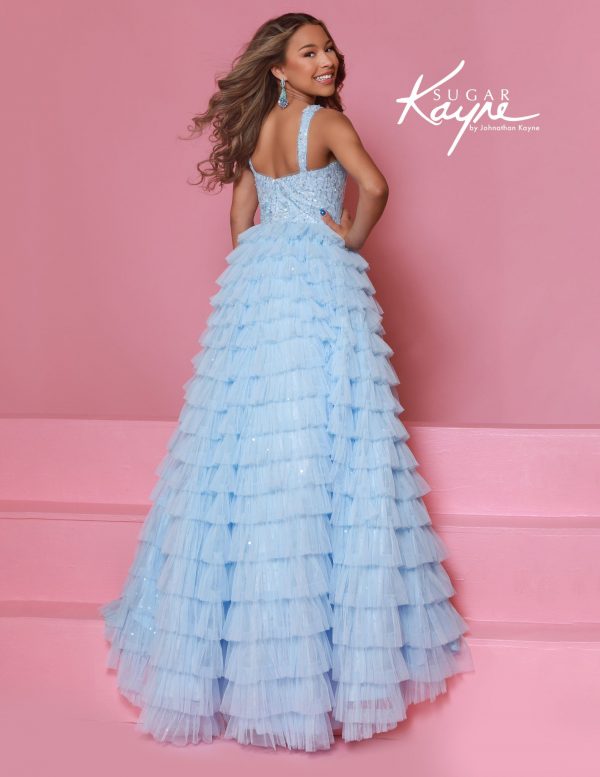Light blue ruffle tulle pageant dress with sparkling bodice and open back, sugar kayne design